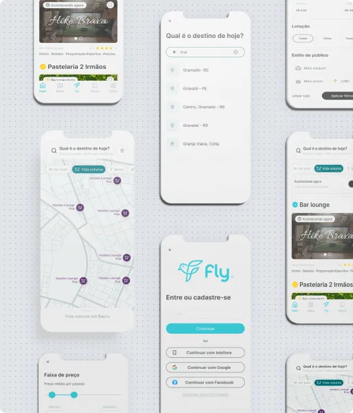 Fly - Telas de busca, mapa e filtros